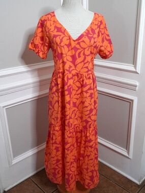 J. Crew Factory Orange Pink Floral Tiered Midi Dress Puff Sleeves V-Neck, Size 6